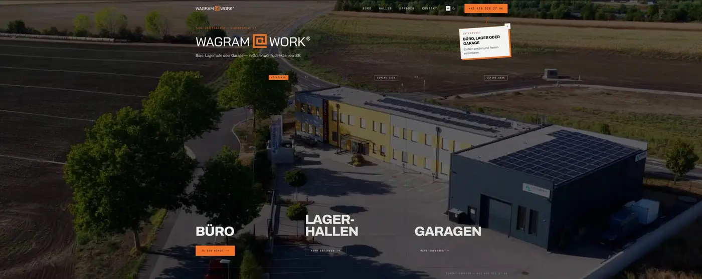 Neue Startseite von Wagram@Work mit Luftaufnahme des Gebäudes und den Bereichen Büro, Lagerhallen und Garagen