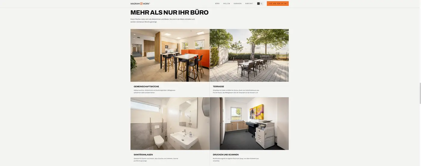 Neuer Abschnitt Mehr als nur Ihr Büro mit Fotos von Gemeinschaftsküche, Terrasse, Sanitäranlagen und Druckerraum