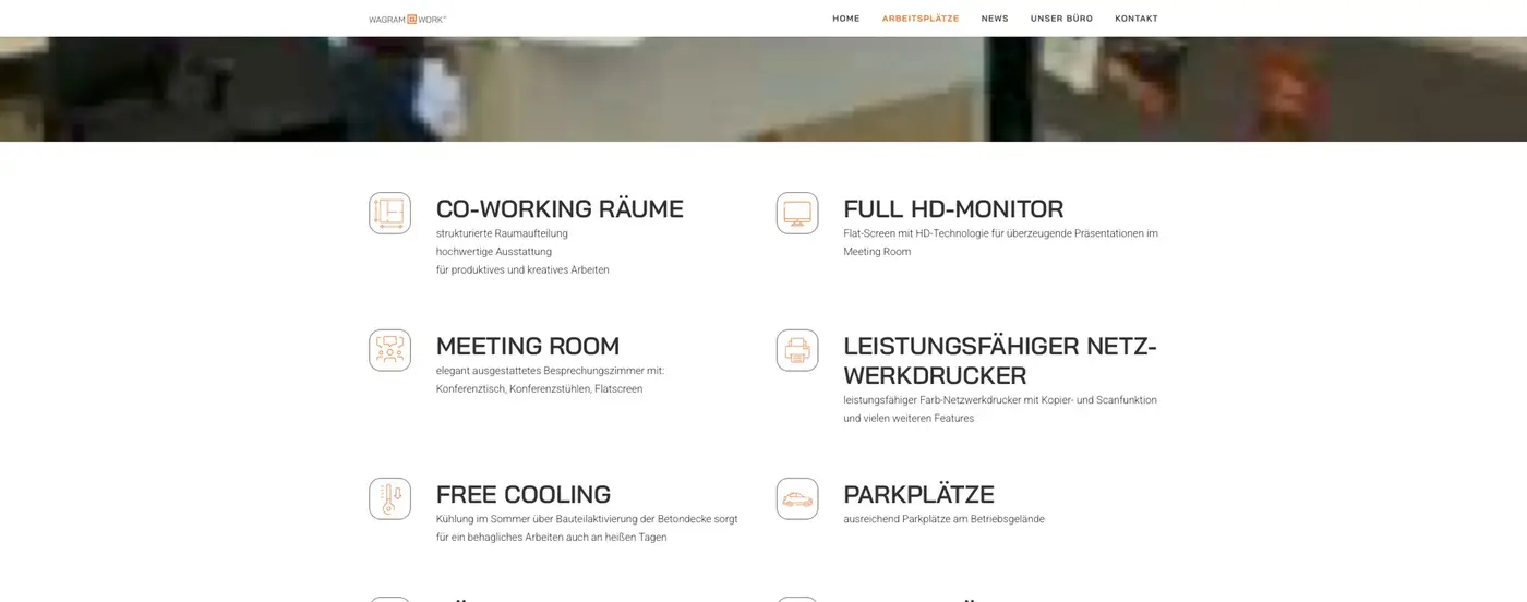 Alte Seite Arbeitsplätze von Wagram@Work mit Symbolen und kurzen Texten zur Ausstattung