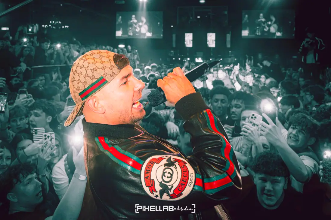 Rapper mit Mikrofon vor Publikum