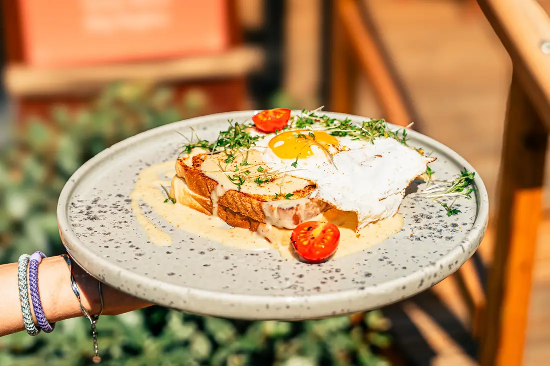 Toast with fried egg, sauce and tomatoes on a speckled plate, held by a hand