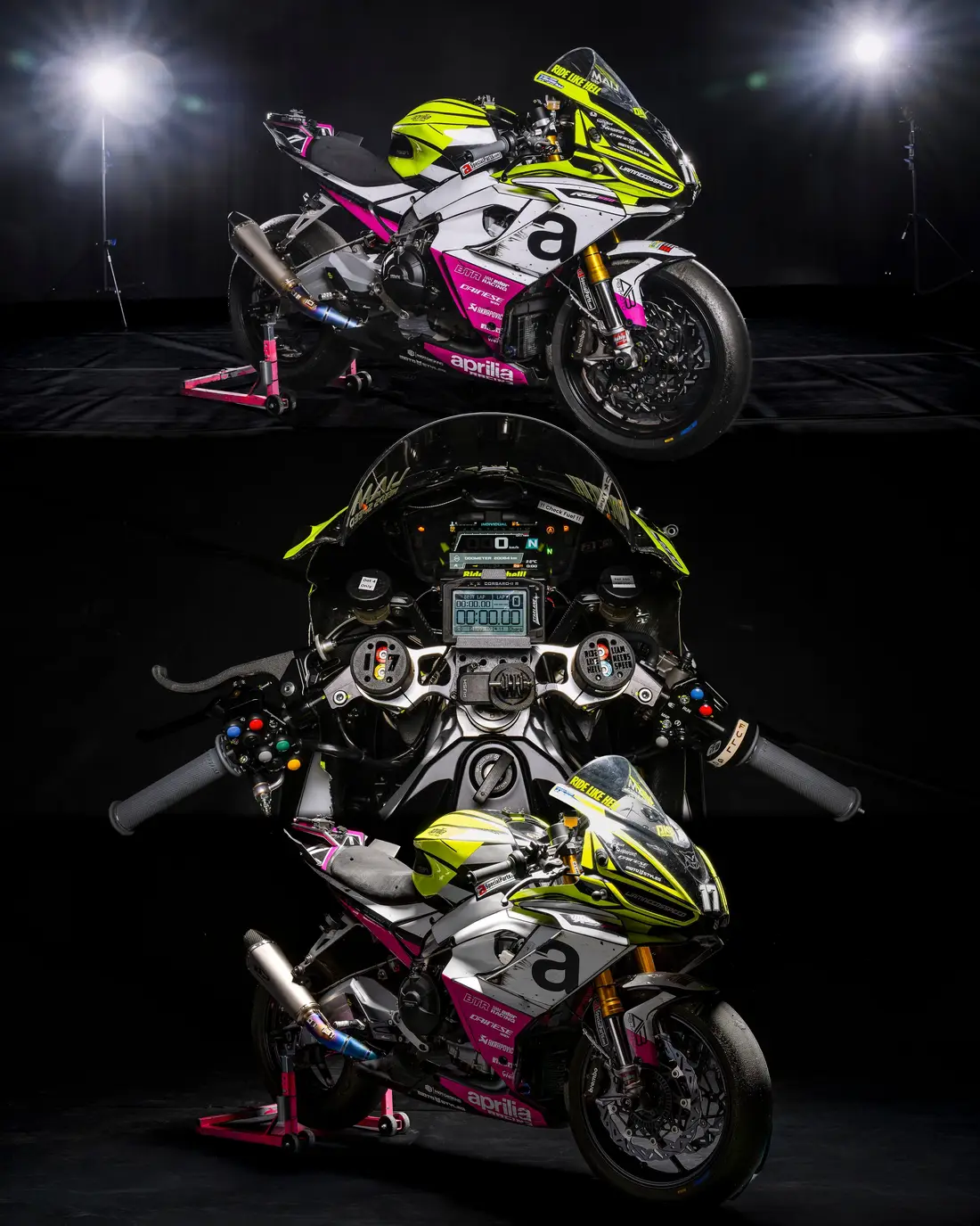 Collage of three studio shots of an Aprilia racing motorbike: side view, cockpit and three-quarter view