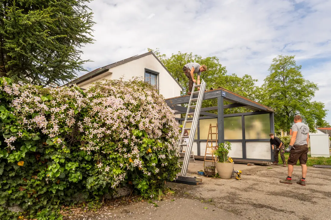 Handwerker arbeiten an einer verglasten Überdachung neben einem Wohnhaus, einer steht auf der Leiter